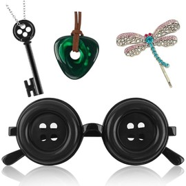 Mdswjdcw 4 Pcs Accessories Fit for Coraline Cosplay Costume, Button Eyes Glasses, Key Necklace, Hair Clip, Green Stone Set Halloween Merchandise, Christmas Birthday Gift for Women Men and Fans