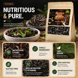 Shredded Dried Woodear Mushrooms, Natural Gluten Free Crisp Black Fungus.