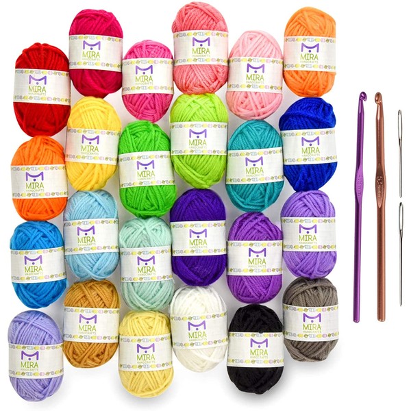 Mira Handcrafts 24 Acrylic Yarn Bonbons | Total of 525 yards Craft Yarn for Knitting and Crochet | Includes 2 Crochet Hooks, 2 Weaving Needles, 7 E-books | DK Yarn | Perfect Beginner Kit