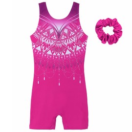 MODAFANS - Maillots para niñas con pantalones cortos, para bailar con coletero de pelo para 3-13T, Diamante de encaje fucsia, 8-9 Años