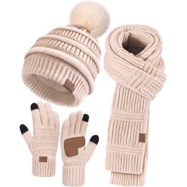 Winter Beanie Hat Scarf Gloves Set for Women, 3 PCS Warm Pom Pom Beanie Long Knit Scarf Anti-Slip Touchscreen Gloves Fleece Lined Hat Winter Gifts for Cold Weather Birthday Christmas Gifts for Adults