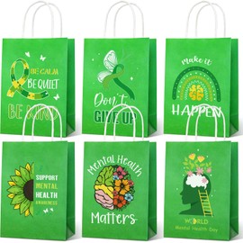 Kolldenn 30 Pcs Mental Health Gift Bags Bulk Mental Health Awareness Party Treat Green Ribbon Xmas Kraft Paper Gift Bags with Handles for Public Charity Events Favor Party Supplies