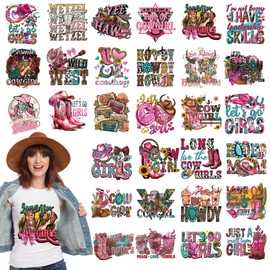 Dazoratix Western Cowgirl Transfer Stickers - 30 Sheets Hot Pink Vintage Iron on Transfers Retro Ready to Press Heat Patches for Girl Women Jeans T-Shirts Pillow Decals Clothing Decorations DIY Crafts