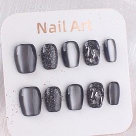Nail Tip, Short, Square, False Claws, Black, Cat Eye, Short, Small Nails, 10 Pieces of False Claws, Handmade, Cute, Simple, Fashionable, Easy to Apply Gel Nail Tip, S