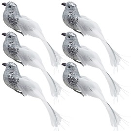 LWINGFLYER 6PCS Glitter Artificial Birds Sequin Clip on Bird Ornaments for Christmas Tree Decorations Wedding Wreath Crafts (Silver)