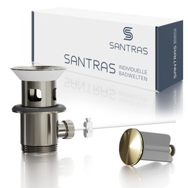 SANTRAS® Eccentric Drain Fitting Premium for Washbasin with Protection Against Overflow in Stainless Brass - Complete Overflow Set with Drain Plug in 1 ¼ for Tap with Pop-Up Set