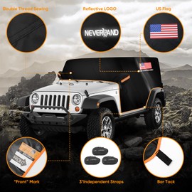 Wrangler Cab Cover for 2007-2024 Jeep Wrangler JKU JLU 4 Door,NEVERLAND Half Car Cover Waterproof Oxford with Reflective Strip,Sun Snowproof Cab Car Cover Black