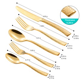 Flatasy Silverware Set Gold Hammered Pattern Flatware Cutlery Stainless Steel Mirror Polished Utensil 20-Piece Spoons Forks and Knives Dishwasher Safe Service for 4