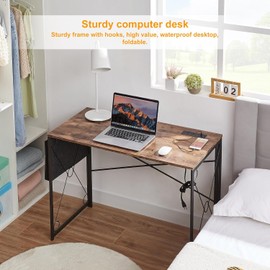 VECELO Folding Desk with with USB Charging Port 39 Inch Writing Desk with Storage Bag Sturdy Steel Laptop Table for Home Office Work Retro Brown