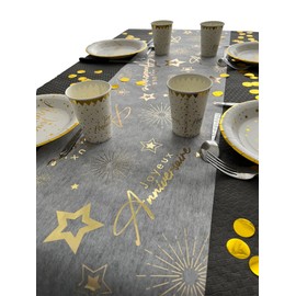 Tralala Fêtes® Happy Birthday Table Runner - White & Gold Table Decoration - Original Decoration for Birthday Party - Non-Woven Roll with Golden Writing (31.5 x 500 cm)
