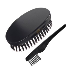 Kent Finest Classic Oval Ebony Wood Black Bristle Brush + Hair Brush Cleaner - Encourages Hair Growth, 360 Wave Styling for Men