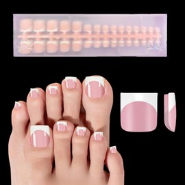 OPkssnails 150pcs French Tip Press on Toenails Short Square, Pink Press On Nails White French Toe Nail Tips for Women, Soft Gel Fake Toe Nails, Acrylic Nails Soak off Nail Home DIY 15 Size