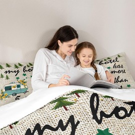 Manfei Happy Camping Comforter Set Full Size,Camper RV Trailer Decor Bedding 3pcs for Kids Boys Girls Adults,Pine Trees Wilderness Adventure Down Comforter,Beige Fashion Duvet Insert,2 Pillowcase