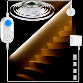 NIVOTA Dual Sensor Stair Light Strip, Double Motion Activated Sensor LED Strip Light for Stairway (Power Adapter (3.28FT Cable), Warm White 3000K (16.4FT White Light Strip))