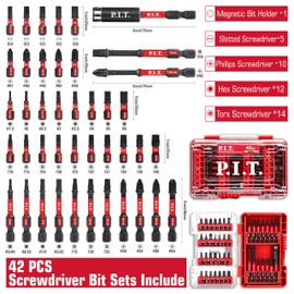 P.I.T. Impact Screwdriver Bit Set,Magnetic 42 pcs Driver Bit Set,S2 Steel Screwdriver Impact Kit With a Storage Box,1/4 Hex Shank Slotted/Torx/Phillips/Hex/Bit Holder Used for Power Screwdrivers