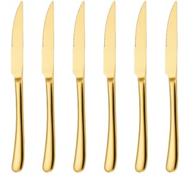 ZECNG Gold Serrated Steak Knives Set of 6, 9.4 inches Stainless Steel Thick Handle Steak Knife, Heavy Duty Table Knife for Kitchen or Restaurant, Dishwasher Safe