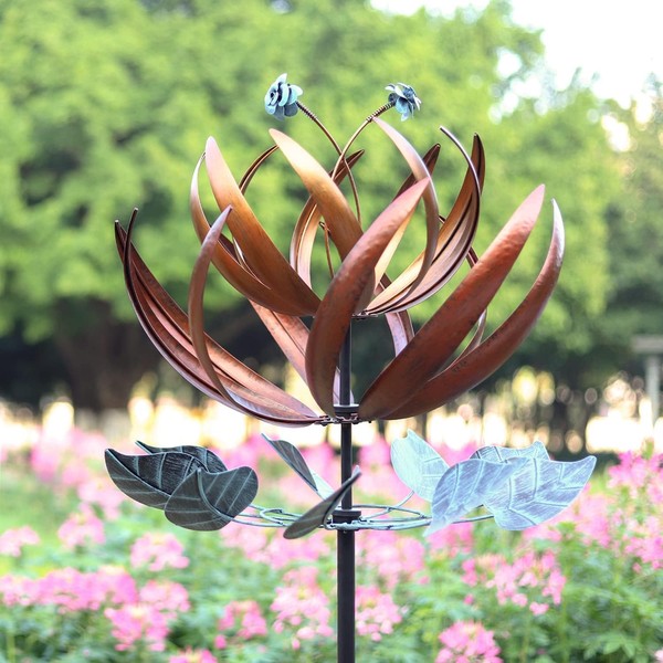 Pure Echo Wind Spinners for Yard and Garden, Copper Wind Spinner Outdoor Large Metal, Kinetic 3D Wind Sculptures 24" Dia 84" Height, Windmill Decor(Lotus)