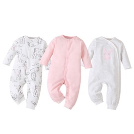 amropi Baby Girls Boys Romper Pack of 3 Cotton Pyjamas Sleepsuit for 0-18 Months, White/Pink/White