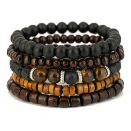 5-Piece Set Wooden Beaded Bracelets, Unisex, Rustic Bohemian Style,Vintage Fashion Jewelry Accessory, for Men and Women