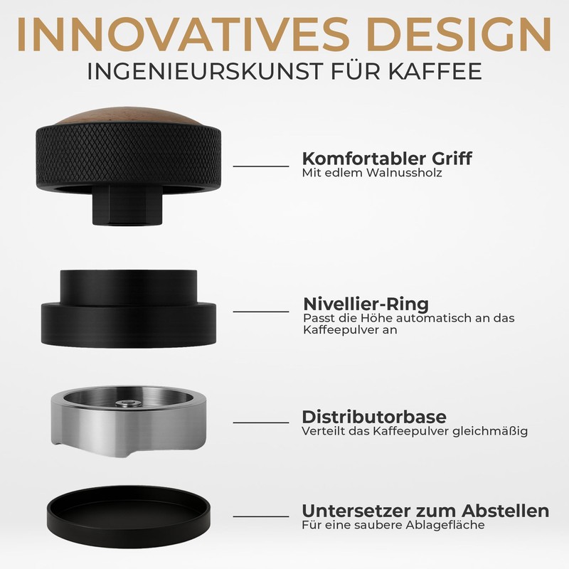 WERKSTOLZ Espresso Distributor 58mm | Höhenverstellbar | Leveler Tool für