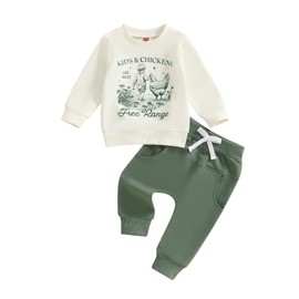 KMBANGI Toddler Baby Boy Farm Outfits Kids & Chickens Are Best Free Range Sweatshirt Casual Pants 2Pcs Homestead Clothes (Apricot, 2-3T)