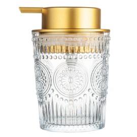 Tmore Glass Soap Dispenser 10oz Clear Hand Dish Liquid Dispenser Bottle Retro Carving Floral Lotion Dipenser for Kitchen Cute Bathroom Countertop Soap Dispenser Home Decor