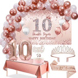 Trgowaul 10th Birthday Decorative Balloon Set Girls Arch, Rose Gold 10th Birthday Banner and Party Tablecloth, Belt and Tiara, Pink Gold 10th Balloon, Pink Birthday Cake Top, Latex Balloon * 60