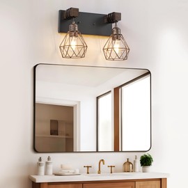 Farmhouse Bathroom Vanity Light Fixtures, 3-Light Black Gold Bathroom Light Fixtures Over Mirror, Rustic Wood Sconces Wall Lighting with Elegant Metal Lampshade for Living Room, Bedroom, Hallway