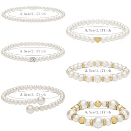 NEWITIN 6 Pieces Pearl Bracelets for Women Stackable Stretch Bracelet Set Pearl Beaded Bracelets Adjustable Multilayered Elastic Bracelets Trendy Dainty Jewelry for Women