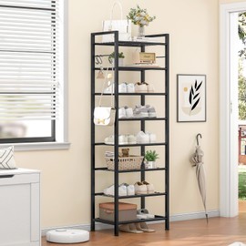 usikey 8 Tiers Narrow Shoe Rack 16-24 Pairs, Sturdy Metal Tall Shoe Rack Shelf with 4 Hooks, Slim Shoe Storage Organizer with Metal Shelf, Space Saving Vertical Shoe Rack for Entryway, Closets, Black