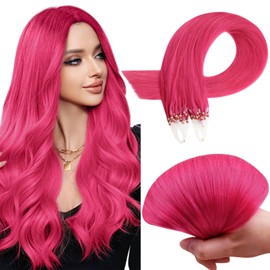 RUNATURE Micro Beads Hair Extensions Pink Micro Loop Hair Extensions Real Human Hair Hot Pink Pre bonded Hair Extensions Human Hair 22 Inch 25g 25 Strands