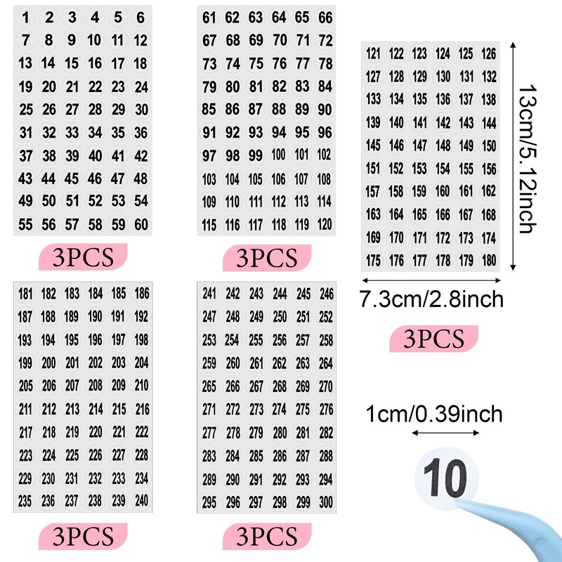 Mabor 15 Sheets Round Number Stickers 1-300, Small Clear Consecutive