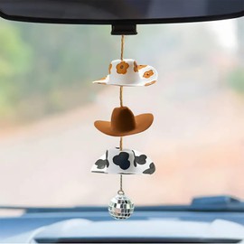 Cow Print Hat Car Accessories, Disco Ball Mirror Ornament Hanging Accessories, Western Cowgirl Hat Rear View Mirror Car Charm, Hanging Cowboy Hats Charm for Women, Flower