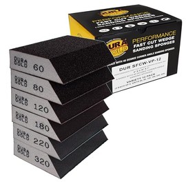 Dura-Gold 4-Sided Hand Sanding Block Sponges with Angled Edge, Variety Pack, Box of 12, Grits 60, 80, 120, 180, 220, 320-3.9" x 2.75" x 1" Wet or Dry Flexible Sandpaper Sand Wood Drywall Metal Paint