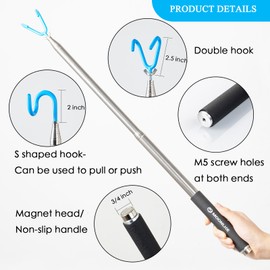 Telescoping Pickup Grabber Tool Magnetic Pole with 2 Hook and a Magnet, 10 ft Telescopic Hook Pole Wire Reacher Tool Push Pull Rod, Disc Golf Retriever Pole, Disc Golf Accessories