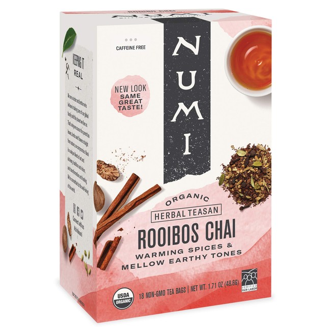 Numi Organic Tea Rooibos Chai, 18 Count Box of Tea Bags (Pack of 6) Herbal Teasan, Caffeine-Free (Packaging May Vary)