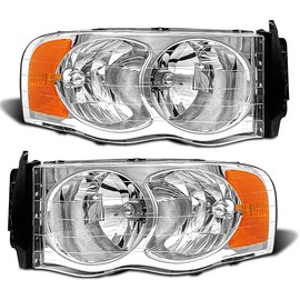 Headlight Assembly Compatible with 2002-2005 Dodge Ram 02 03 04 05 Pickup Truck Chrome Housing with Amber Reflector Clear Lens Headlamp Replacement Left and Right