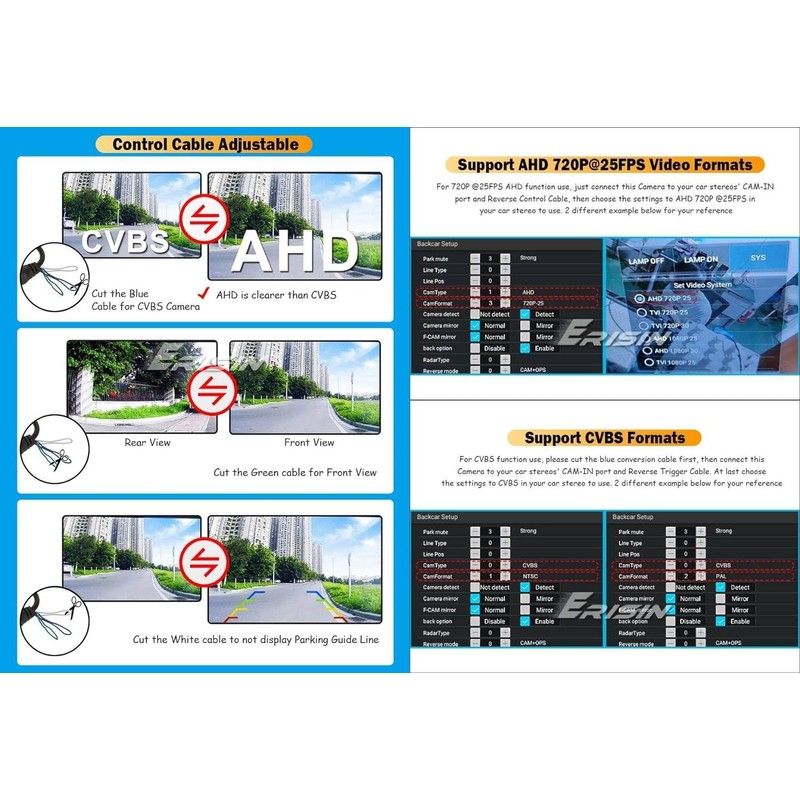 Erisin 150° Fisheye AHD CVBS Car Rear View Backup Front