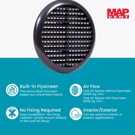 Map Round Louvre Air Vent Cover for Openings 80-152mm, Integral Flyscreen Mesh, for Bathroom, Kitchen, Shed, Garage, External & Internal Walls - Black