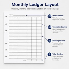 Accounting Ledger Sheets, A5 6-Hole Ledger Paper Refill, 50 Count