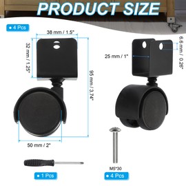 PATIKIL 2" Swivel Caster with 1" U Bracket, 4 Pack 360° Rotation Swivel No Noise Wheel Total Load Capacity 132 Lbs for Furniture Legs