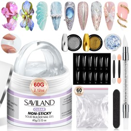 SAVILAND Solid Builder Nail Gel: 60G Large Capacity Clear Hard Gel Nail Builder for Nails Art 3D Nail Gel Sculpting Gel Non Sticky Nail Extension with Dual Forms Nail Sequins Chrome Powder Nail Tools