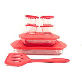 Made in Mexico Hornea Guarda Y Conserva PYR-O-RAY 13 Piece Glass Food Container Set Baking Utility Custard Cups Spatula Rectangular Dishes With Lids