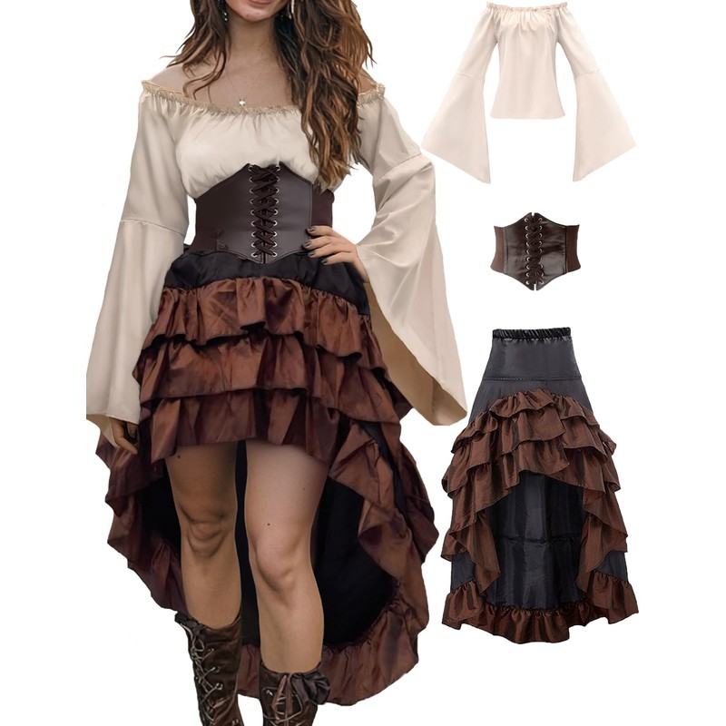 Women's Pirate Costumes Dress Renaissance Top Pirate Skirt with Corset