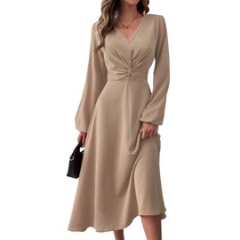 LalaLin Women's Long Sleeve Maxi Dress V-Neck Twist Waist Wedding Guest Cocktail Party Dresses Khaki