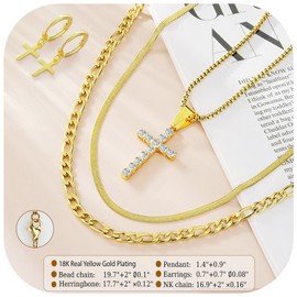 LOVOMEY Cross Necklace for Women & Men, 18K Gold Plated Zircon Pendant Layered Necklace Set with 3 Chains + Earrings, Adjustable Length