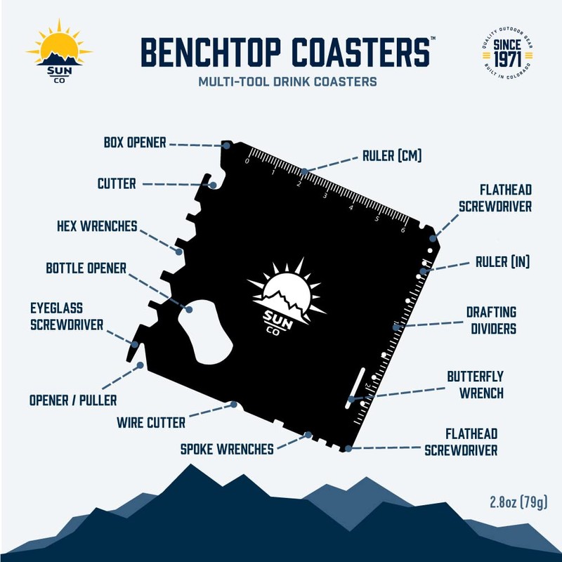 Sun Company ベンチトップコースター（2枚入り）- コースターマルチツール、22の機能、スクリュードライバー、レンチ、定規、ボックスオープナー、ボトルオープナー|キャンプ、バーベキュー、男部屋、作業場のギフト ブラック