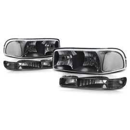 PM PERFORMOTOR 4Pcs Headlights Assembly+Bumper Lights Compatible with 99-07 GMC Sierra Yukon 1500 2500 3500 GMT800,Black Housing Clear Corner