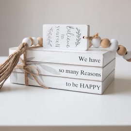 GENMOUS Faux Decorative Books Set for Home Decor, Stacked Wood Books with Wood Bead Tassels for Living Room Decor, Faux Books for Display, Shelf Decor, Mantel Decor, Farmhouse Decor Happy