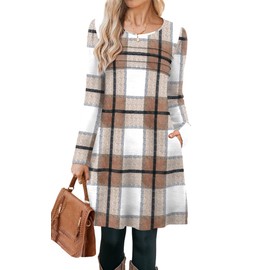 OFEEFAN Sweater Dress for Women Fall Dresses for Women Winter Tunic Dress Loose Flowy Daily Brown White Grid Medium